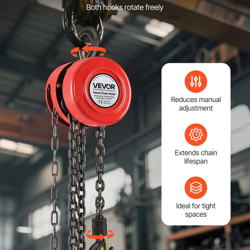 VEVOR manuālais ķēdes pacēlājs, 1 t, G70 cinkota ķēde, 3 m pacelšanas augstums, sarkans
