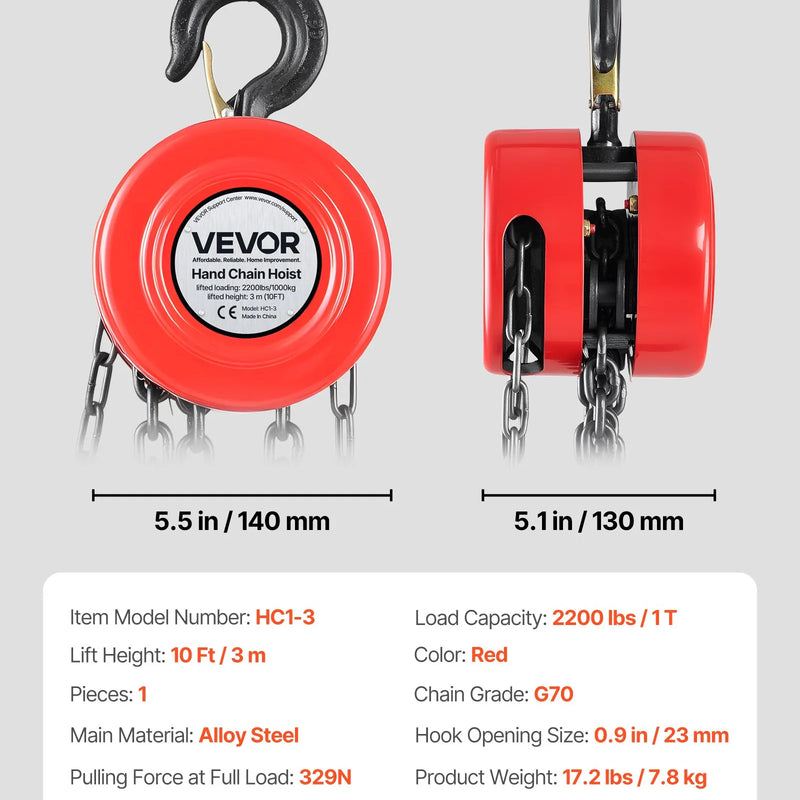 VEVOR manuālais ķēdes pacēlājs, 1 t, G70 cinkota ķēde, 3 m pacelšanas augstums, sarkans