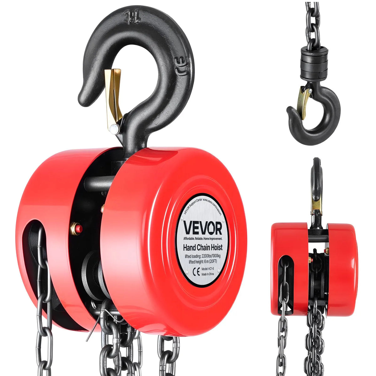 VEVOR Manual Chain Hoist, 1 Tonne Lifting Capacity, with Upgraded G70 Galvanised Chain, 6 m Lifting Height, Heavy-Duty Mechanism, Suitable for Garage, Warehouse and Mechanical Equipment, Red