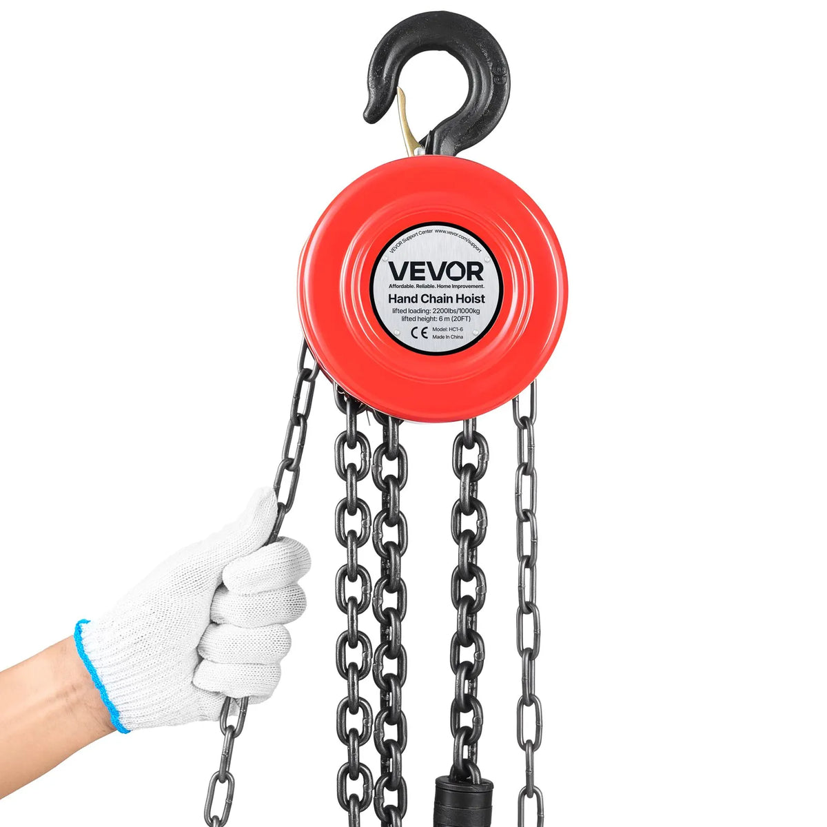 VEVOR Manual Chain Hoist, 1 Tonne Lifting Capacity, with Upgraded G70 Galvanised Chain, 6 m Lifting Height, Heavy-Duty Mechanism, Suitable for Garage, Warehouse and Mechanical Equipment, Red
