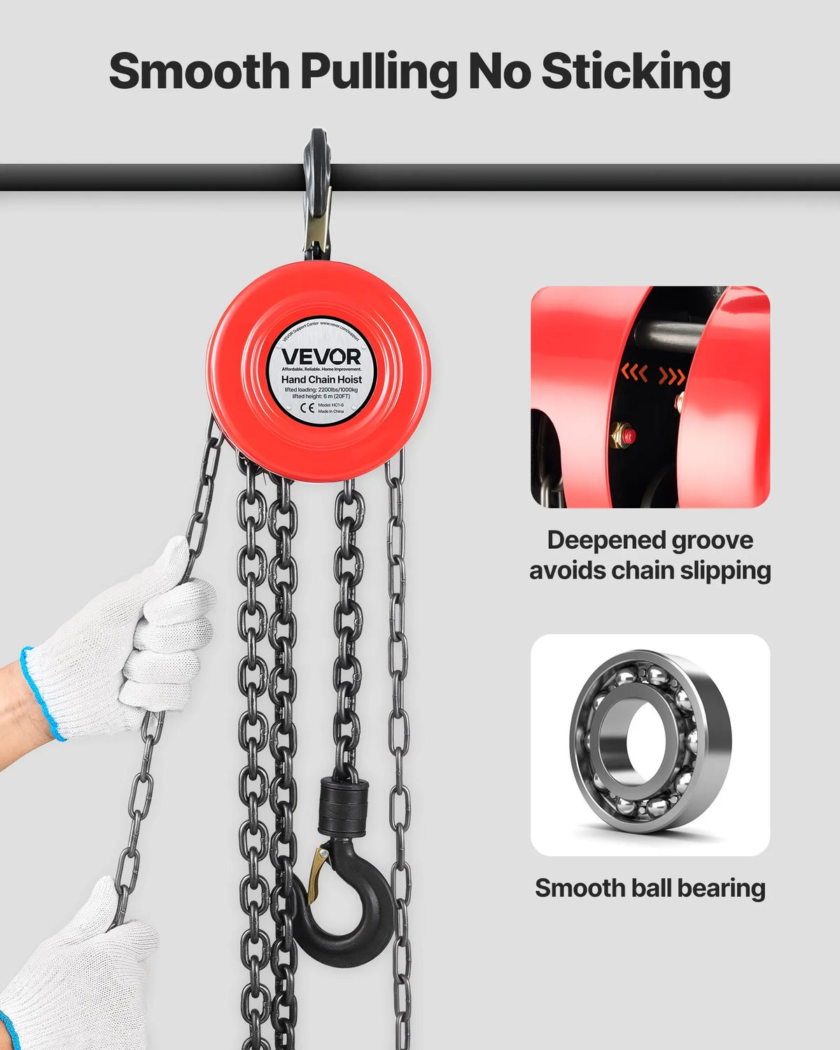 VEVOR Manual Chain Hoist, 1 Tonne Lifting Capacity, with Upgraded G70 Galvanised Chain, 6 m Lifting Height, Heavy-Duty Mechanism, Suitable for Garage, Warehouse and Mechanical Equipment, Red