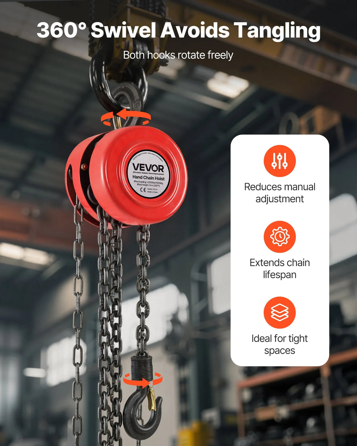 VEVOR Manual Chain Hoist, 1 Tonne Lifting Capacity, with Upgraded G70 Galvanised Chain, 6 m Lifting Height, Heavy-Duty Mechanism, Suitable for Garage, Warehouse and Mechanical Equipment, Red
