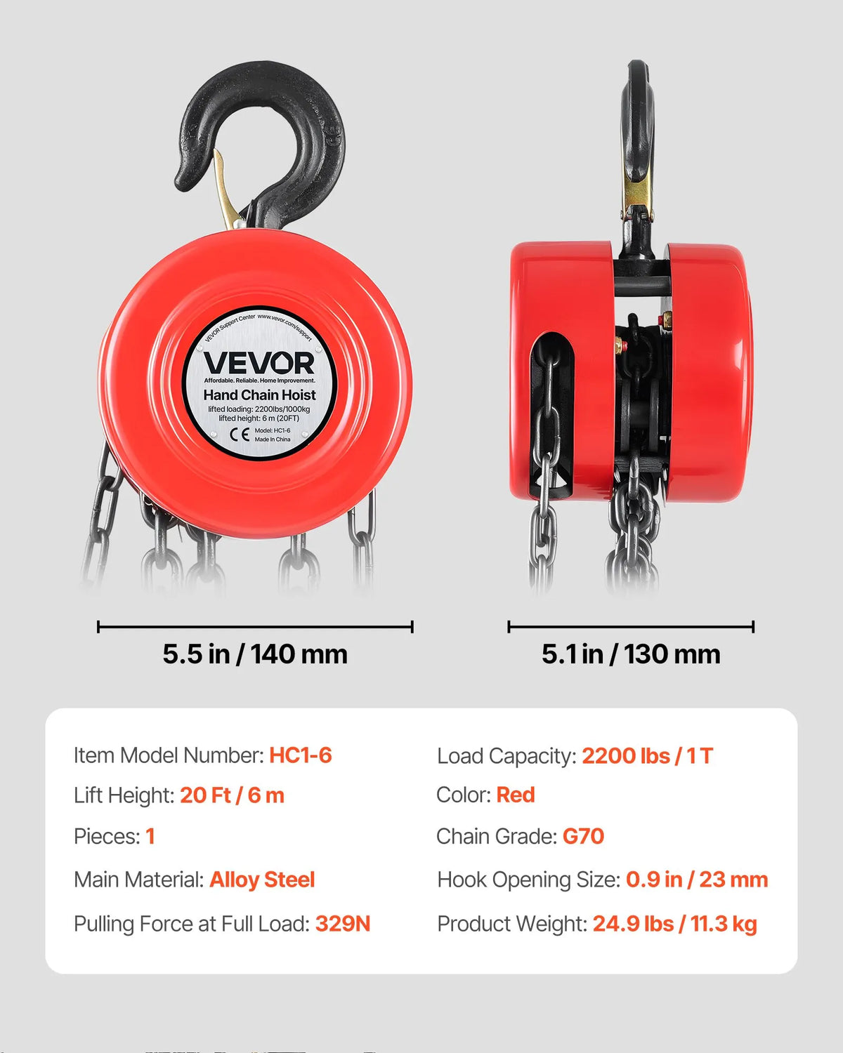 VEVOR Manual Chain Hoist, 1 Tonne Lifting Capacity, with Upgraded G70 Galvanised Chain, 6 m Lifting Height, Heavy-Duty Mechanism, Suitable for Garage, Warehouse and Mechanical Equipment, Red