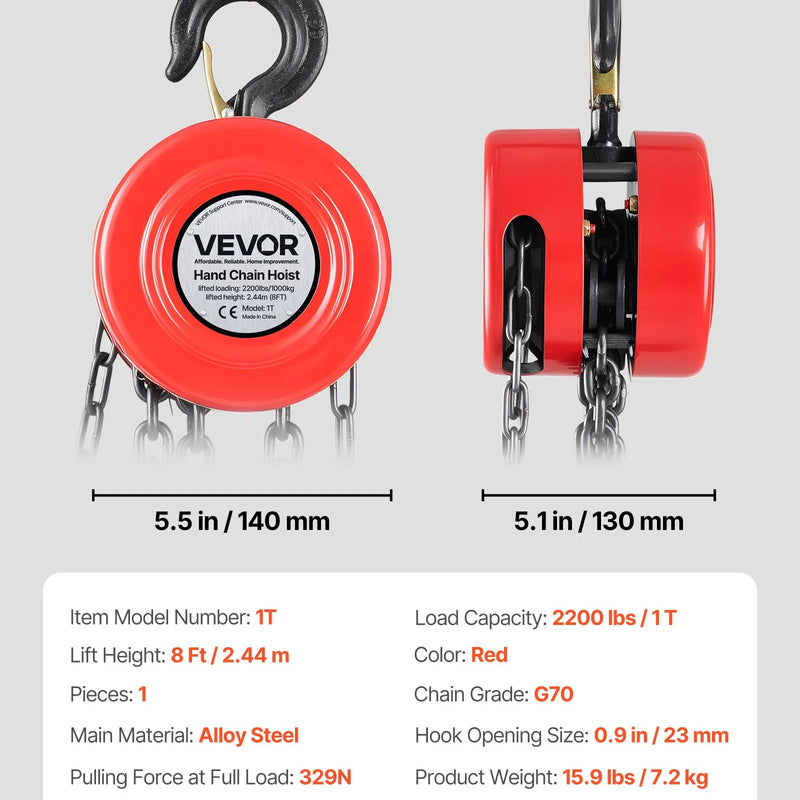 VEVOR manuālais ķēdes pacēlājs, 1 t, G70 cinkota ķēde, 2,44 m pacelšana, sarkans