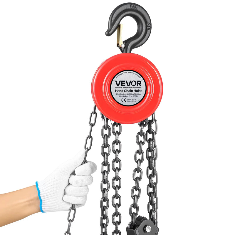 VEVOR Rokas ķēdes pacēlājs ar 2 tonnu celtspēju, manuālais ķēdes bloks ar uzlabotu G70 cinkotu ķēdi, 3 m pacelšanas augstumu, smagsvara trīša pacēlājs garāžām, noliktavām un mehāniskajām darbnīcām, sarkanā krāsā
