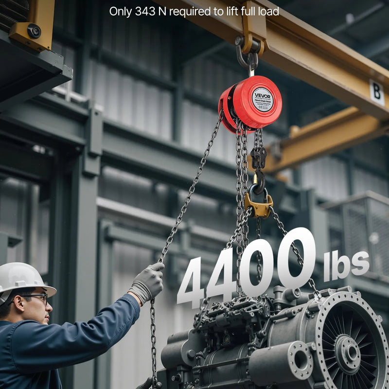 VEVOR Rokas ķēdes pacēlājs ar 2 tonnu celtspēju, manuālais ķēdes bloks ar uzlabotu G70 cinkotu ķēdi, 3 m pacelšanas augstumu, smagsvara trīša pacēlājs garāžām, noliktavām un mehāniskajām darbnīcām, sarkanā krāsā