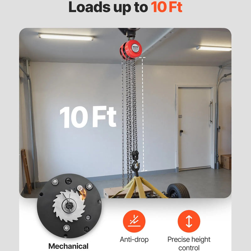 VEVOR Rokas ķēdes pacēlājs ar 2 tonnu celtspēju, manuālais ķēdes bloks ar uzlabotu G70 cinkotu ķēdi, 3 m pacelšanas augstumu, smagsvara trīša pacēlājs garāžām, noliktavām un mehāniskajām darbnīcām, sarkanā krāsā