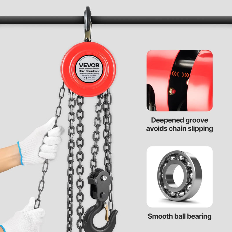 VEVOR Rokas ķēdes pacēlājs ar 2 tonnu celtspēju, manuālais ķēdes bloks ar uzlabotu G70 cinkotu ķēdi, 3 m pacelšanas augstumu, smagsvara trīša pacēlājs garāžām, noliktavām un mehāniskajām darbnīcām, sarkanā krāsā