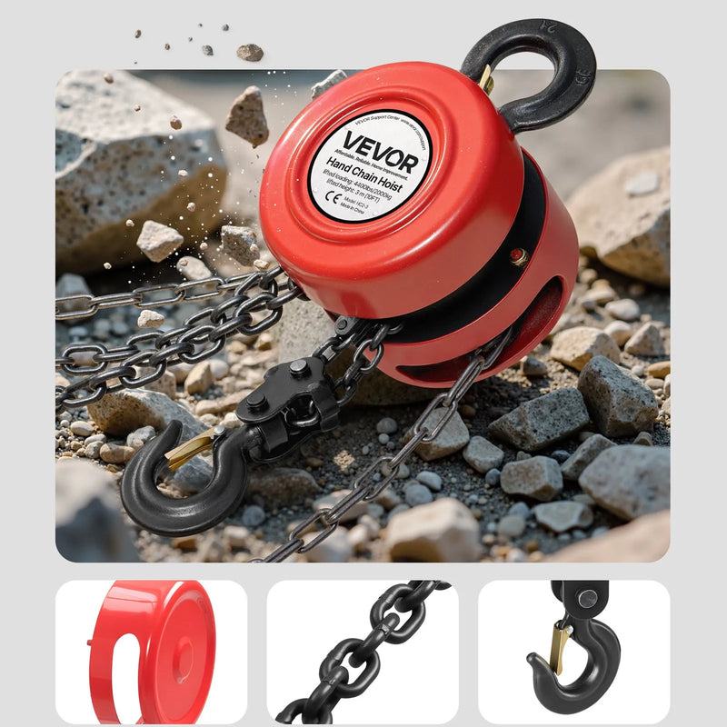 VEVOR Rokas ķēdes pacēlājs ar 2 tonnu celtspēju, manuālais ķēdes bloks ar uzlabotu G70 cinkotu ķēdi, 3 m pacelšanas augstumu, smagsvara trīša pacēlājs garāžām, noliktavām un mehāniskajām darbnīcām, sarkanā krāsā