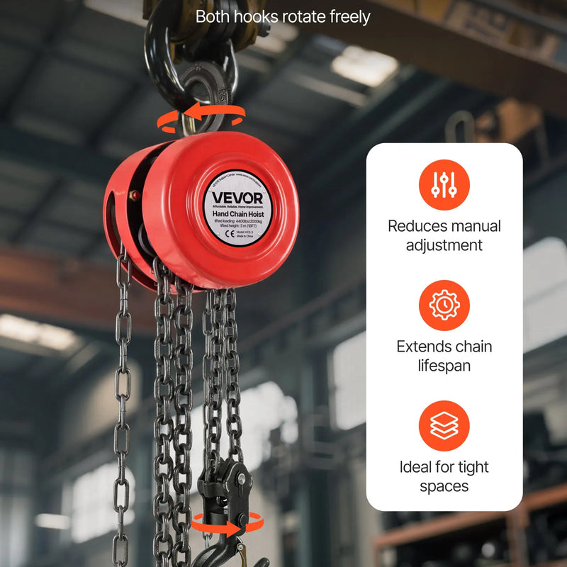 VEVOR Rokas ķēdes pacēlājs ar 2 tonnu celtspēju, manuālais ķēdes bloks ar uzlabotu G70 cinkotu ķēdi, 3 m pacelšanas augstumu, smagsvara trīša pacēlājs garāžām, noliktavām un mehāniskajām darbnīcām, sarkanā krāsā
