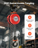 VEVOR Rokas ķēdes pacēlājs ar 2 tonnu celtspēju, manuālais ķēdes bloks ar uzlabotu G70 cinkotu ķēdi, 3 m pacelšanas augstumu, smagsvara trīša pacēlājs garāžām, noliktavām un mehāniskajām darbnīcām, sarkanā krāsā