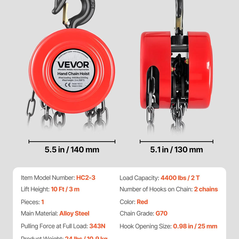 VEVOR Rokas ķēdes pacēlājs ar 2 tonnu celtspēju, manuālais ķēdes bloks ar uzlabotu G70 cinkotu ķēdi, 3 m pacelšanas augstumu, smagsvara trīša pacēlājs garāžām, noliktavām un mehāniskajām darbnīcām, sarkanā krāsā