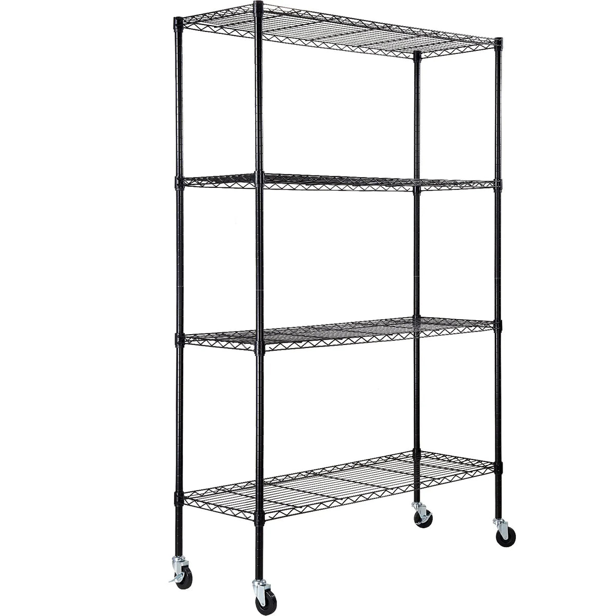 Uzglabāšanas plaukts ar riteņiem, regulējama, 4 līmeņi, melna metāla konstrukcija ar režģa virsmu, 318 kg, 120 × 45 × 188 cm