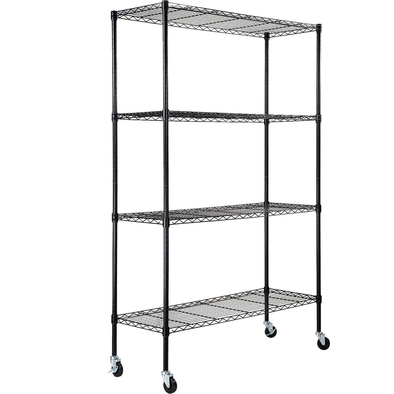 Uzglabāšanas plaukts ar riteņiem, regulējama, 4 līmeņi, melna metāla konstrukcija ar režģa virsmu, 318 kg, 120 × 45 × 188 cm