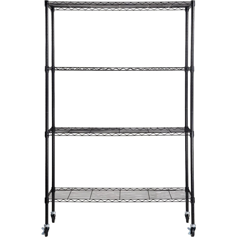 Uzglabāšanas plaukts ar riteņiem, regulējama, 4 līmeņi, melna metāla konstrukcija ar režģa virsmu, 318 kg, 120 × 45 × 188 cm