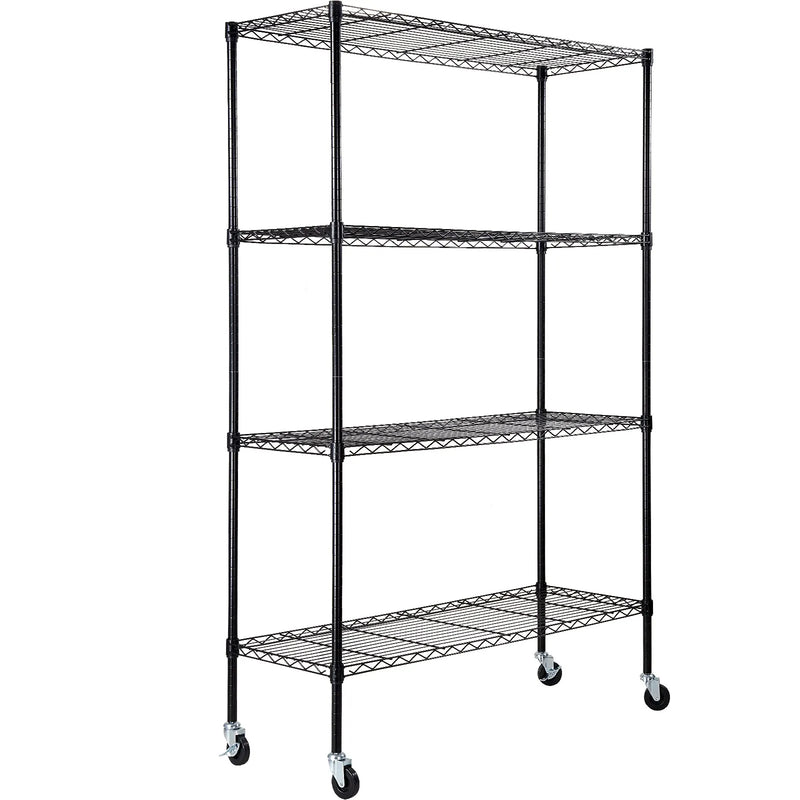 Uzglabāšanas plaukts ar riteņiem, regulējama, 4 līmeņi, melna metāla konstrukcija ar režģa virsmu, 318 kg, 120 × 45 × 188 cm