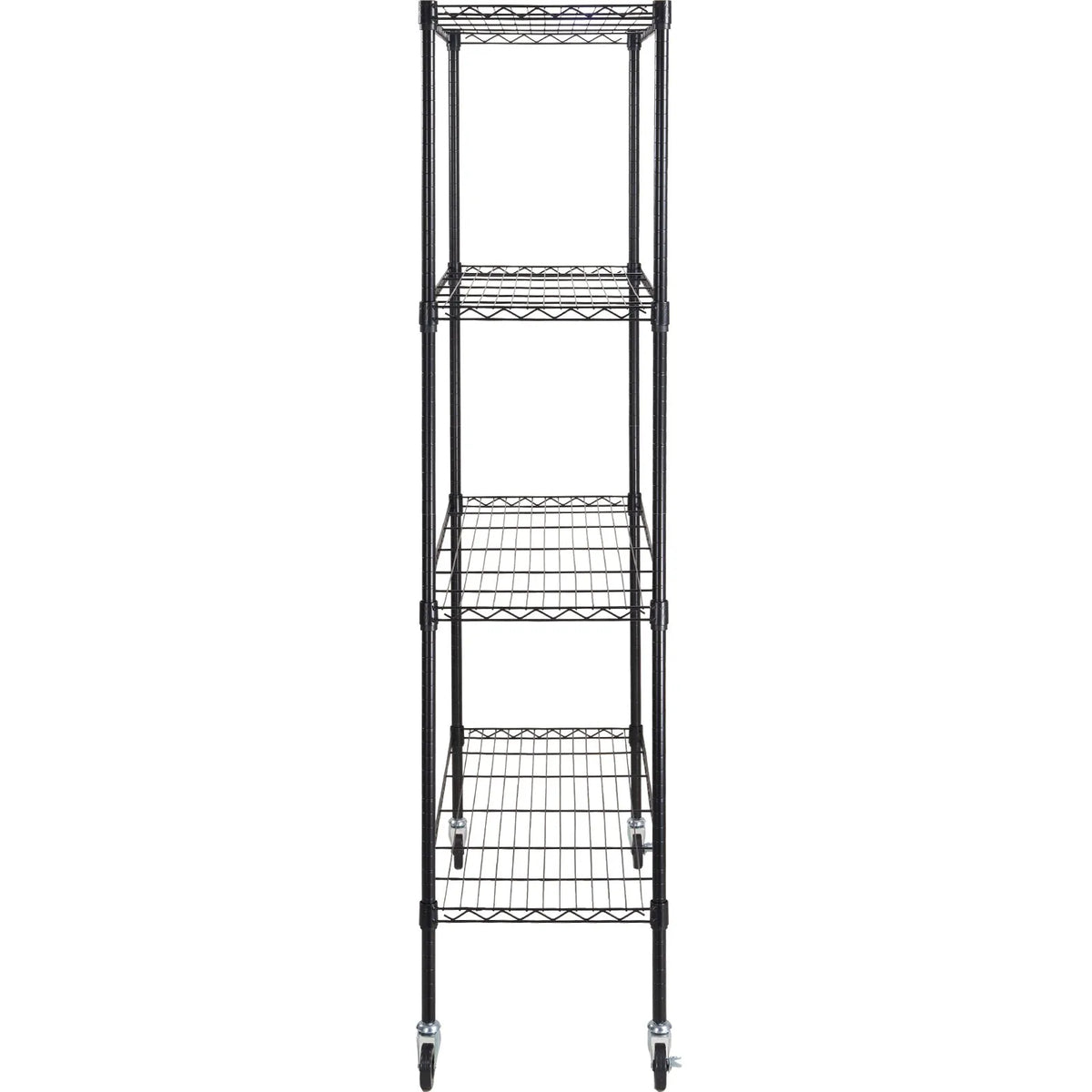 Uzglabāšanas plaukts ar riteņiem, regulējama, 4 līmeņi, melna metāla konstrukcija ar režģa virsmu, 318 kg, 120 × 45 × 188 cm