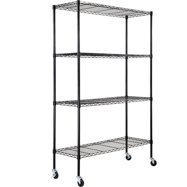 Uzglabāšanas plaukts ar riteņiem, regulējama, 4 līmeņi, melna metāla konstrukcija ar režģa virsmu, 318 kg, 120 × 45 × 188 cm