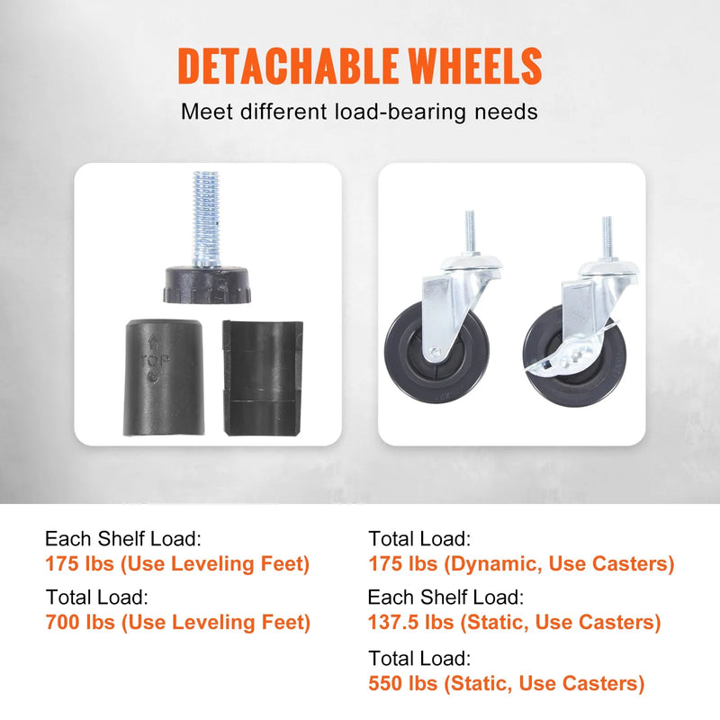 Uzglabāšanas plaukts ar riteņiem, regulējama, 4 līmeņi, melna metāla konstrukcija ar režģa virsmu, 318 kg, 120 × 45 × 188 cm