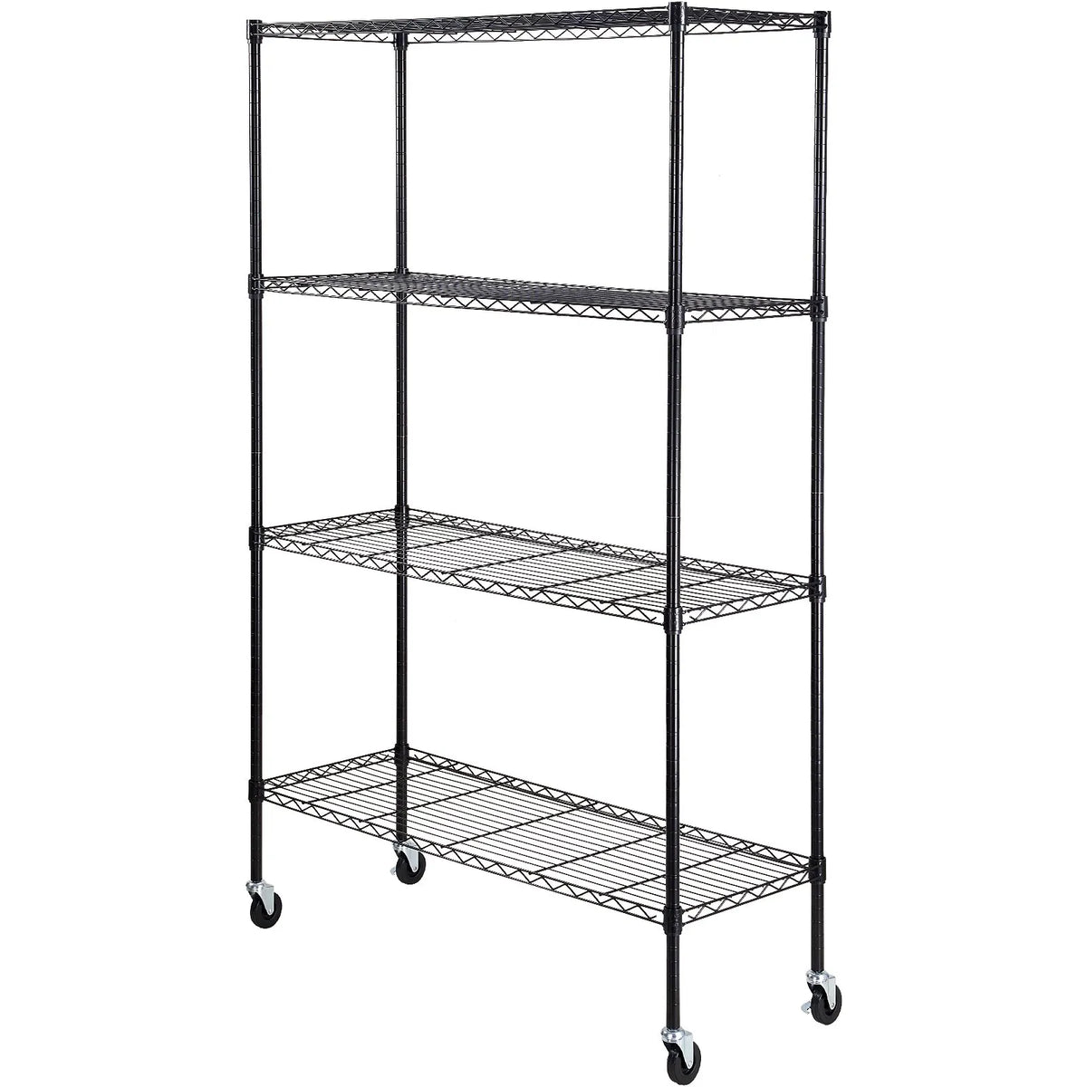 Uzglabāšanas plaukts ar riteņiem, regulējama, 4 līmeņi, melna metāla konstrukcija ar režģa virsmu, 318 kg, 120 × 45 × 188 cm