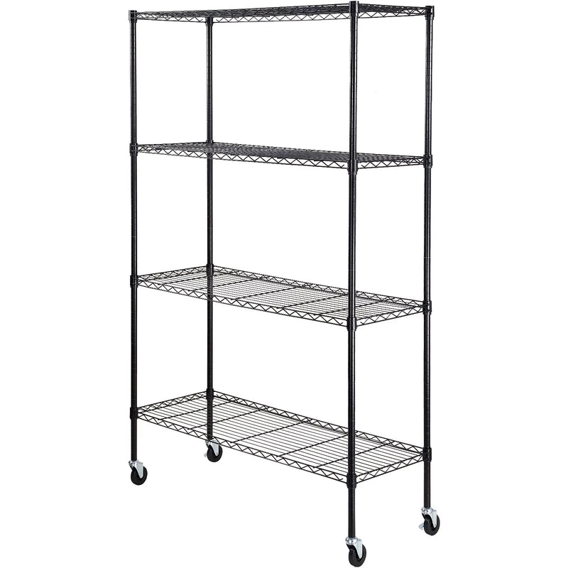 Uzglabāšanas plaukts ar riteņiem, regulējama, 4 līmeņi, melna metāla konstrukcija ar režģa virsmu, 318 kg, 120 × 45 × 188 cm