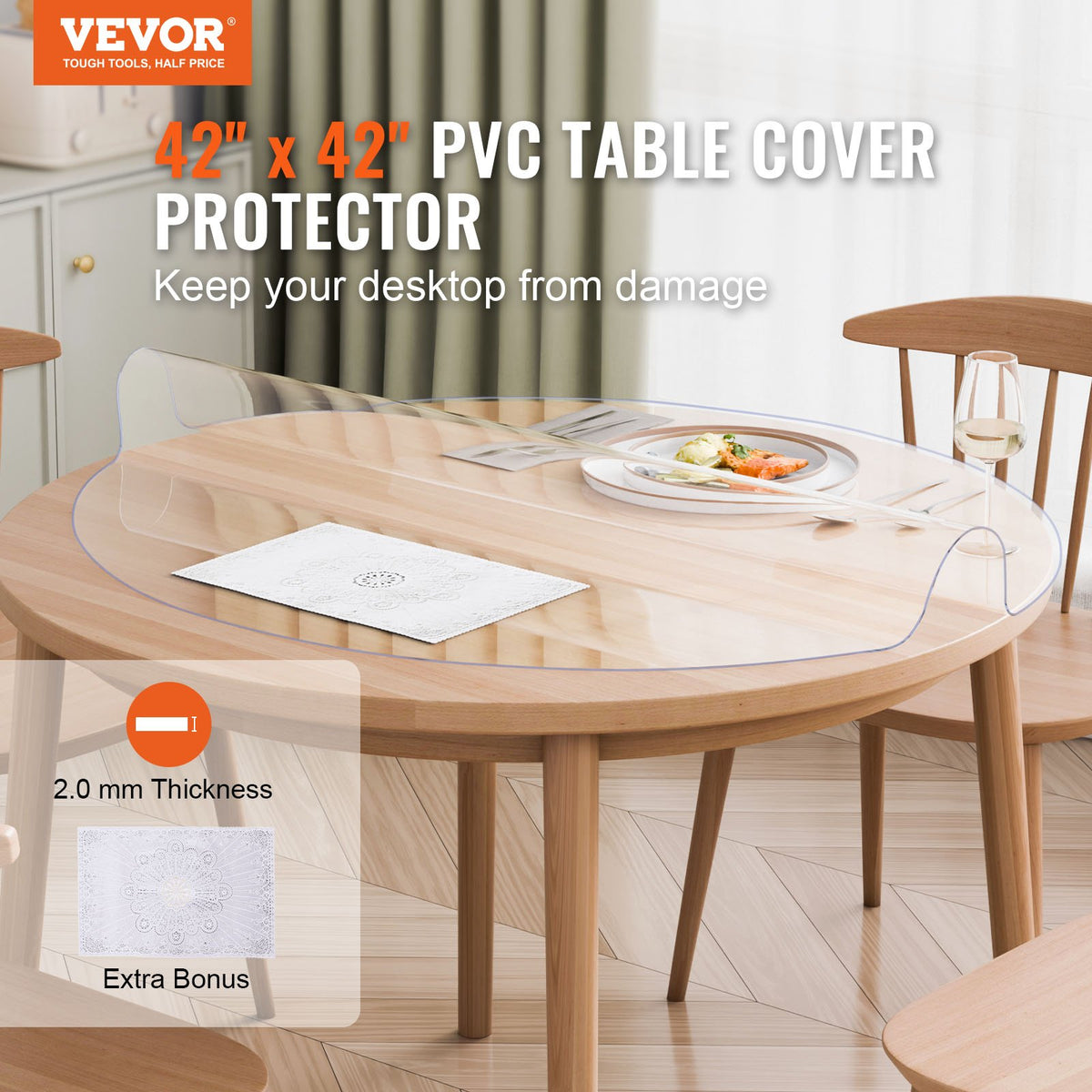 VEVOR PVC Round Table Cloth Ø 107 cm, 2 mm, Transparent, Water-Resistant