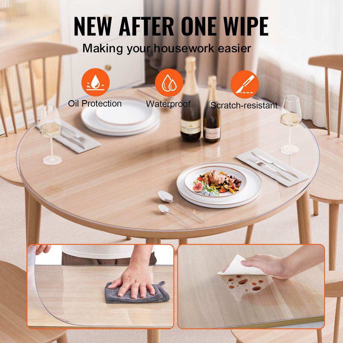 VEVOR PVC Round Table Cloth Ø 107 cm, 2 mm, Transparent, Water-Resistant