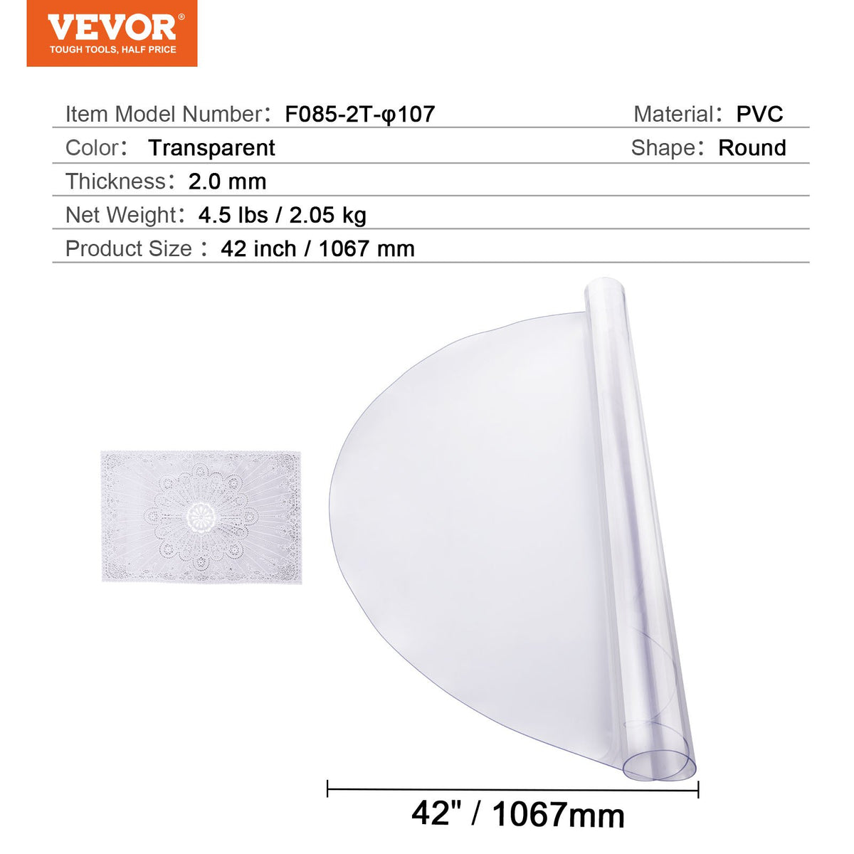 VEVOR PVC Round Table Cloth Ø 107 cm, 2 mm, Transparent, Water-Resistant