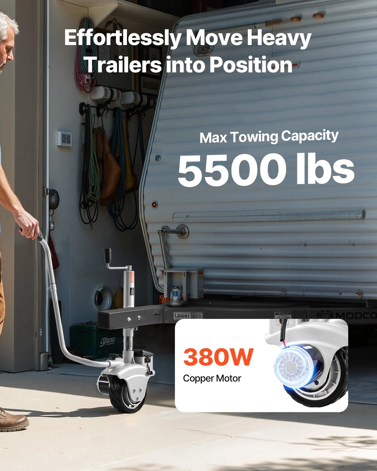 VEVOR Electric Trailer Mover, 2.5 t Towing Capacity, 380 W 12 V Motorised Jockey Wheel with 7 m/min Travel Speed, Adjustable Clamp Height 31–63 cm and 20.3 cm Rubber Wheel, for Caravan and Boat Moving