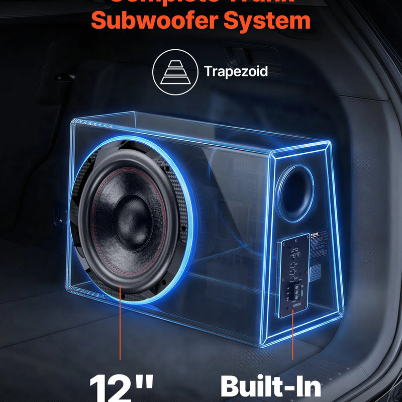 VEVOR automašīnas zemfrekvences skaļruņa komplekts 305 mm, 245 W RMS, ar iebūvētu pastiprinātāju, korpusu un savienojuma kabeļu komplektu, kompakts trapecveida dizains ավտ audio sistēmām - ZEMLETES.LV