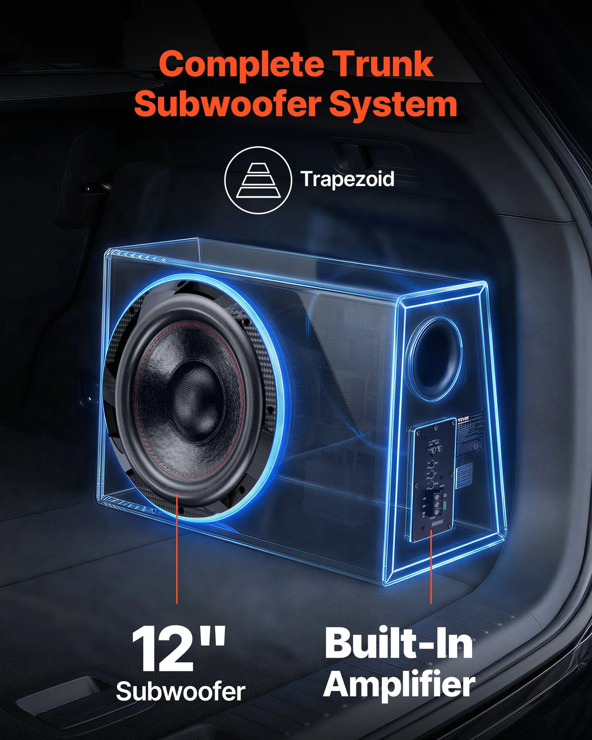 VEVOR automašīnas zemfrekvences skaļruņa komplekts 305 mm, 245 W RMS, ar iebūvētu pastiprinātāju, korpusu un savienojuma kabeļu komplektu, kompakts trapecveida dizains ավտ audio sistēmām - ZEMLETES.LV