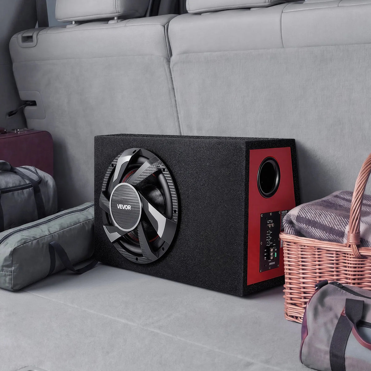 VEVOR automašīnas zemfrekvences skaļruņa komplekts 305 mm, 245 W RMS, ar iebūvētu pastiprinātāju, korpusu un savienojuma kabeļu komplektu, kompakts trapecveida dizains ավտ audio sistēmām - ZEMLETES.LV