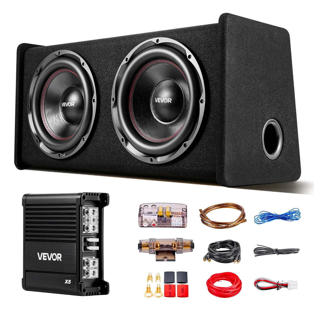 VEVOR automašīnas zemfrekvences skaļruņu komplekts ar 2 x 305 mm skaļruņiem, 490 W RMS, ar atsevišķu pastiprinātāju, korpusu un savienojuma kabeļu komplektu, paredzēts bagāžniekiem un auto audio sistēmām - ZEMLETES.LV
