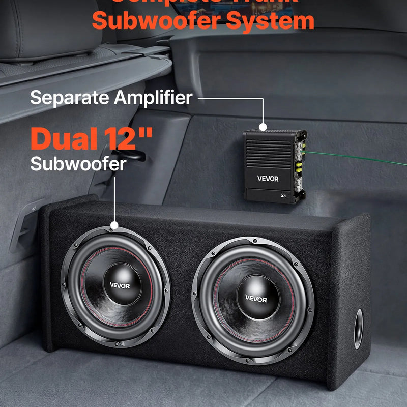 VEVOR automašīnas zemfrekvences skaļruņu komplekts ar 2 x 305 mm skaļruņiem, 490 W RMS, ar atsevišķu pastiprinātāju, korpusu un savienojuma kabeļu komplektu, paredzēts bagāžniekiem un auto audio sistēmām - ZEMLETES.LV