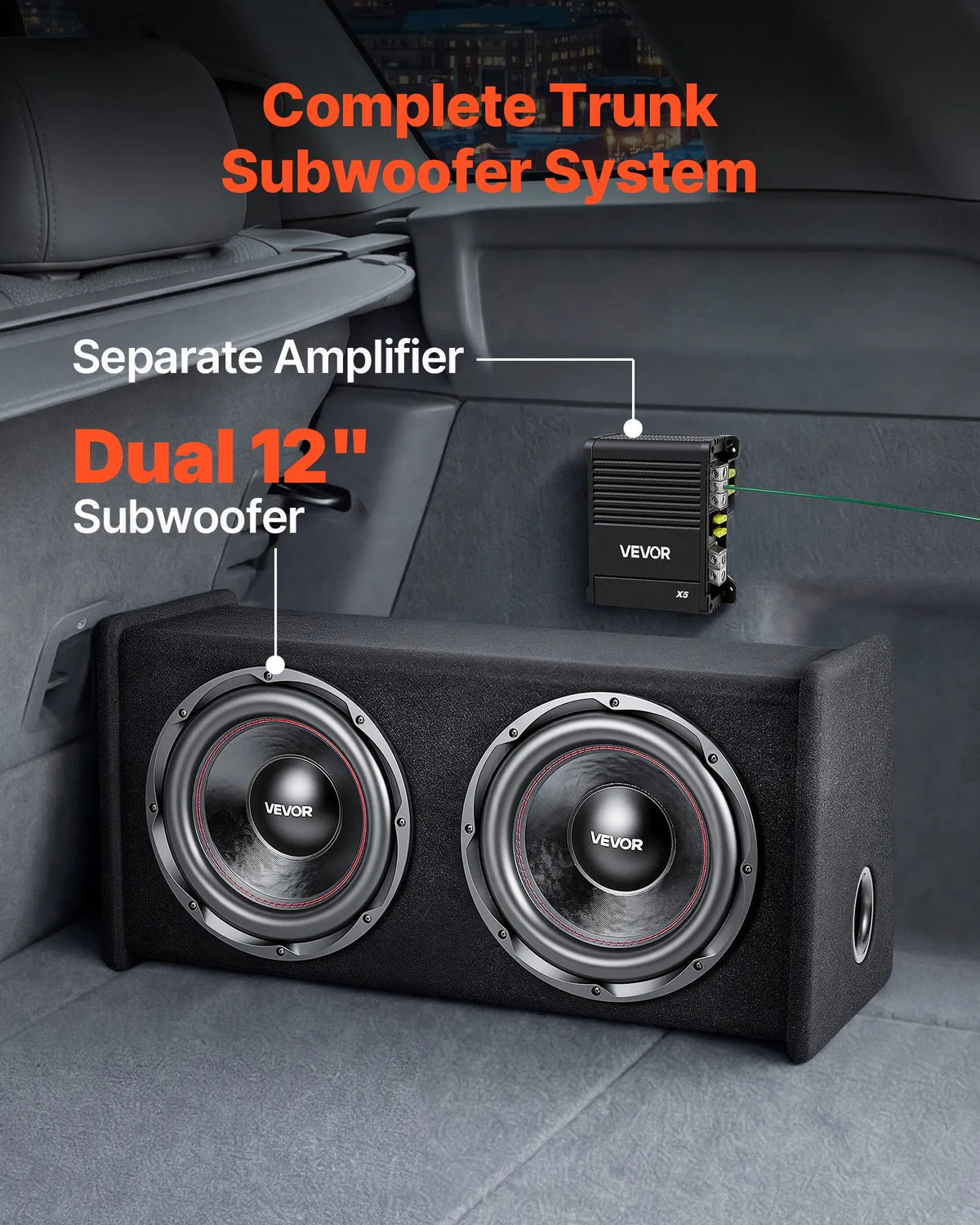 VEVOR automašīnas zemfrekvences skaļruņu komplekts ar 2 x 305 mm skaļruņiem, 490 W RMS, ar atsevišķu pastiprinātāju, korpusu un savienojuma kabeļu komplektu, paredzēts bagāžniekiem un auto audio sistēmām - ZEMLETES.LV