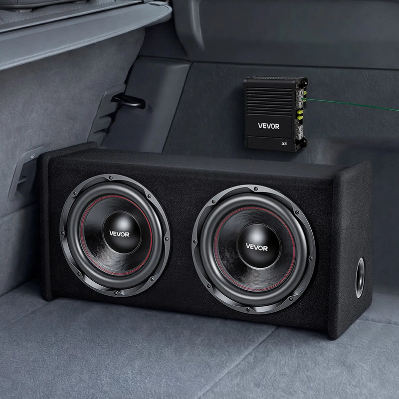 VEVOR automašīnas zemfrekvences skaļruņu komplekts ar 2 x 305 mm skaļruņiem, 490 W RMS, ar atsevišķu pastiprinātāju, korpusu un savienojuma kabeļu komplektu, paredzēts bagāžniekiem un auto audio sistēmām - ZEMLETES.LV