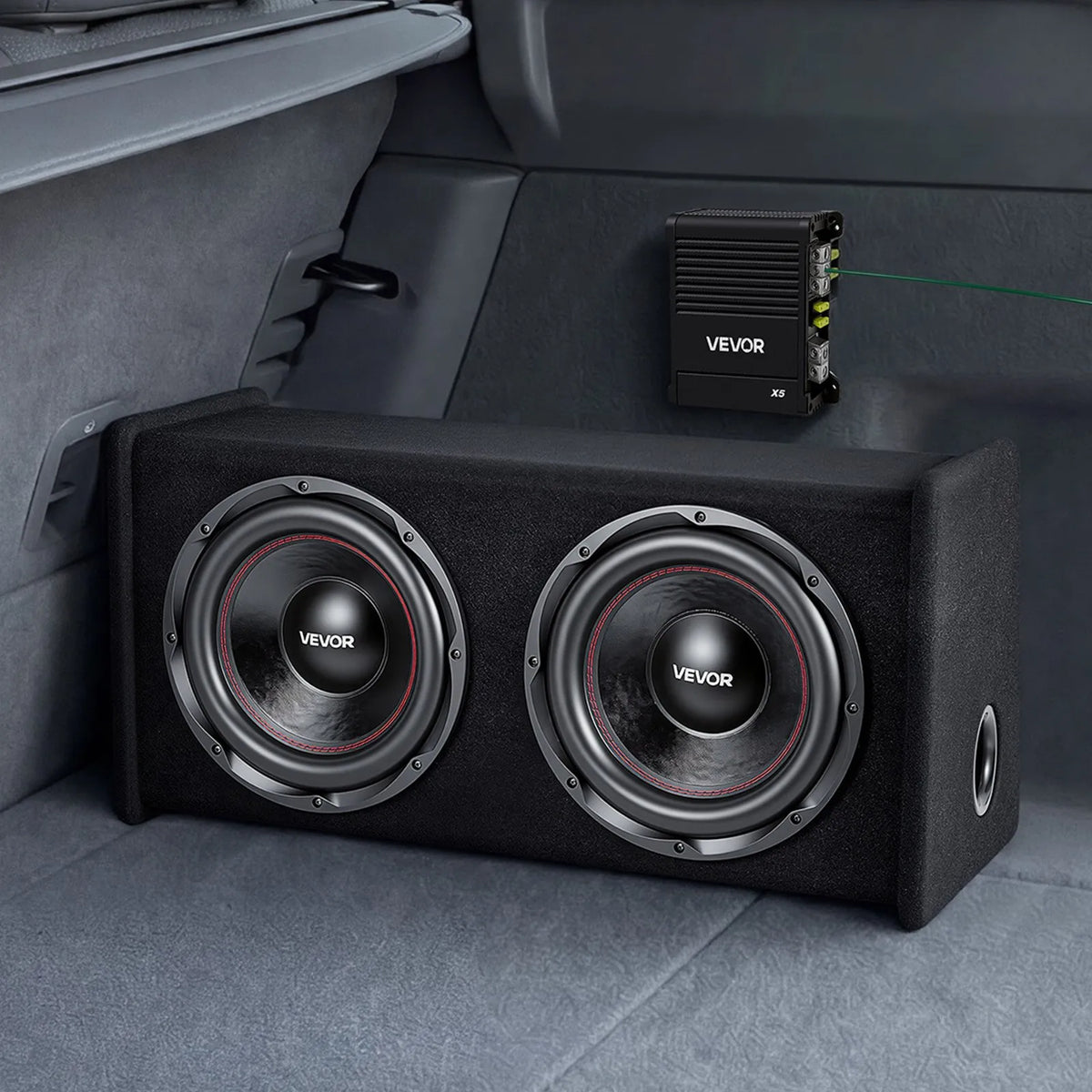 VEVOR automašīnas zemfrekvences skaļruņu komplekts ar 2 x 305 mm skaļruņiem, 490 W RMS, ar atsevišķu pastiprinātāju, korpusu un savienojuma kabeļu komplektu, paredzēts bagāžniekiem un auto audio sistēmām - ZEMLETES.LV