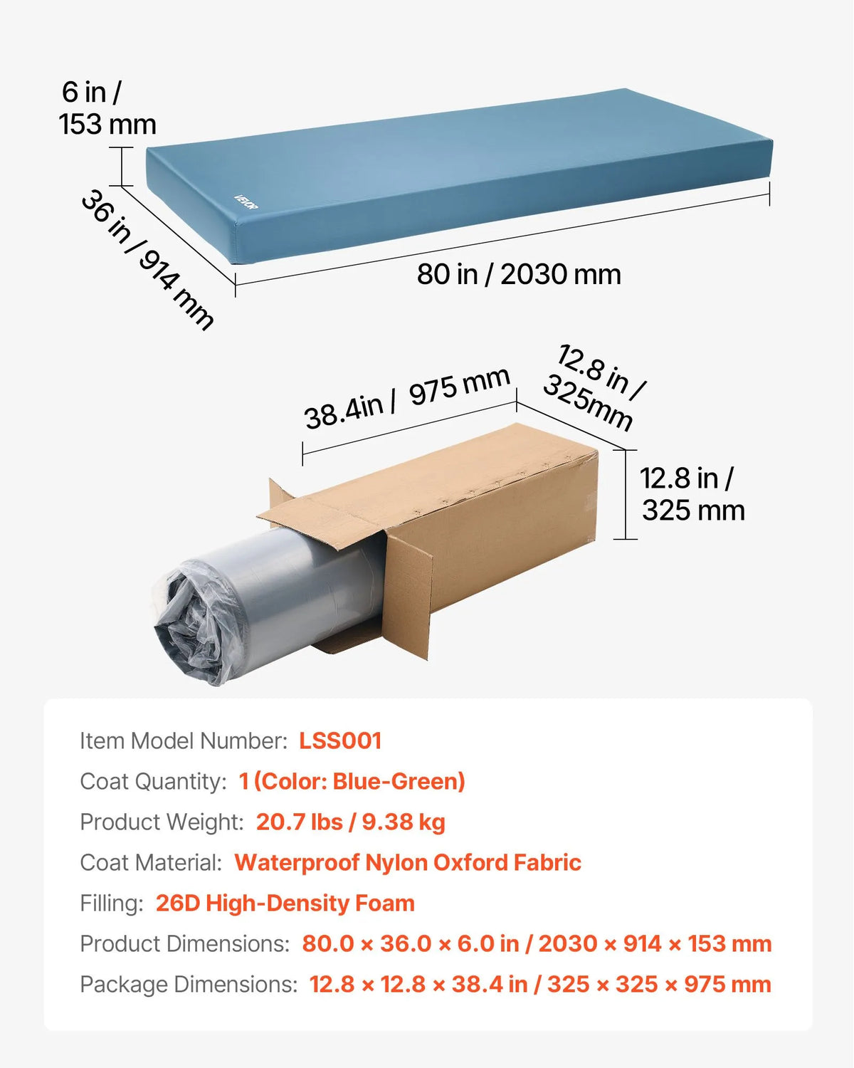VEVOR medicīniskais slimnīcas gultas matracis 914 x 2030 x 153 mm ar 159 kg kravnesību no medicīniskās kvalitātes putām, spiediena sadales matracis ar ūdensizturīgu pārklājumu izgulējumu profilaksei un aprūpei - ZEMLETES.LV