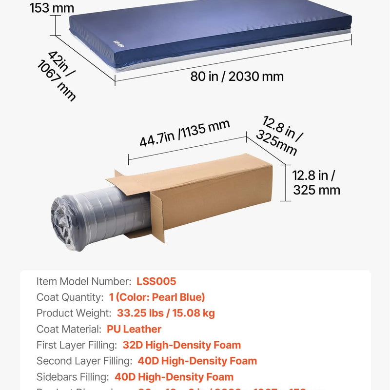 VEVOR medicīniskais slimnīcas gultas matracis 1067 x 2030 x 153 mm ar 295 kg kravnesību no medicīniskās kvalitātes divslāņu putām, spiediena sadales matracis ar ūdensizturīgu pārklājumu izgulējumu profilaksei un aprūpei - ZEMLETES.LV