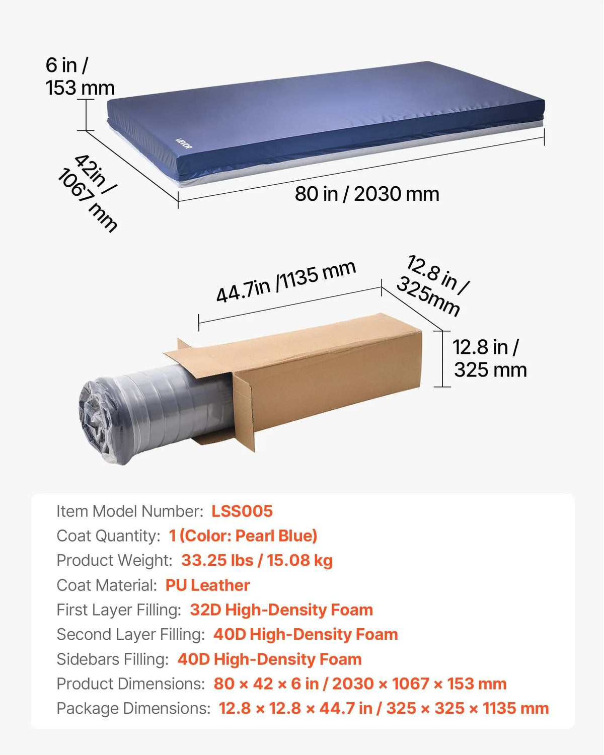 VEVOR medicīniskais slimnīcas gultas matracis 1067 x 2030 x 153 mm ar 295 kg kravnesību no medicīniskās kvalitātes divslāņu putām, spiediena sadales matracis ar ūdensizturīgu pārklājumu izgulējumu profilaksei un aprūpei - ZEMLETES.LV