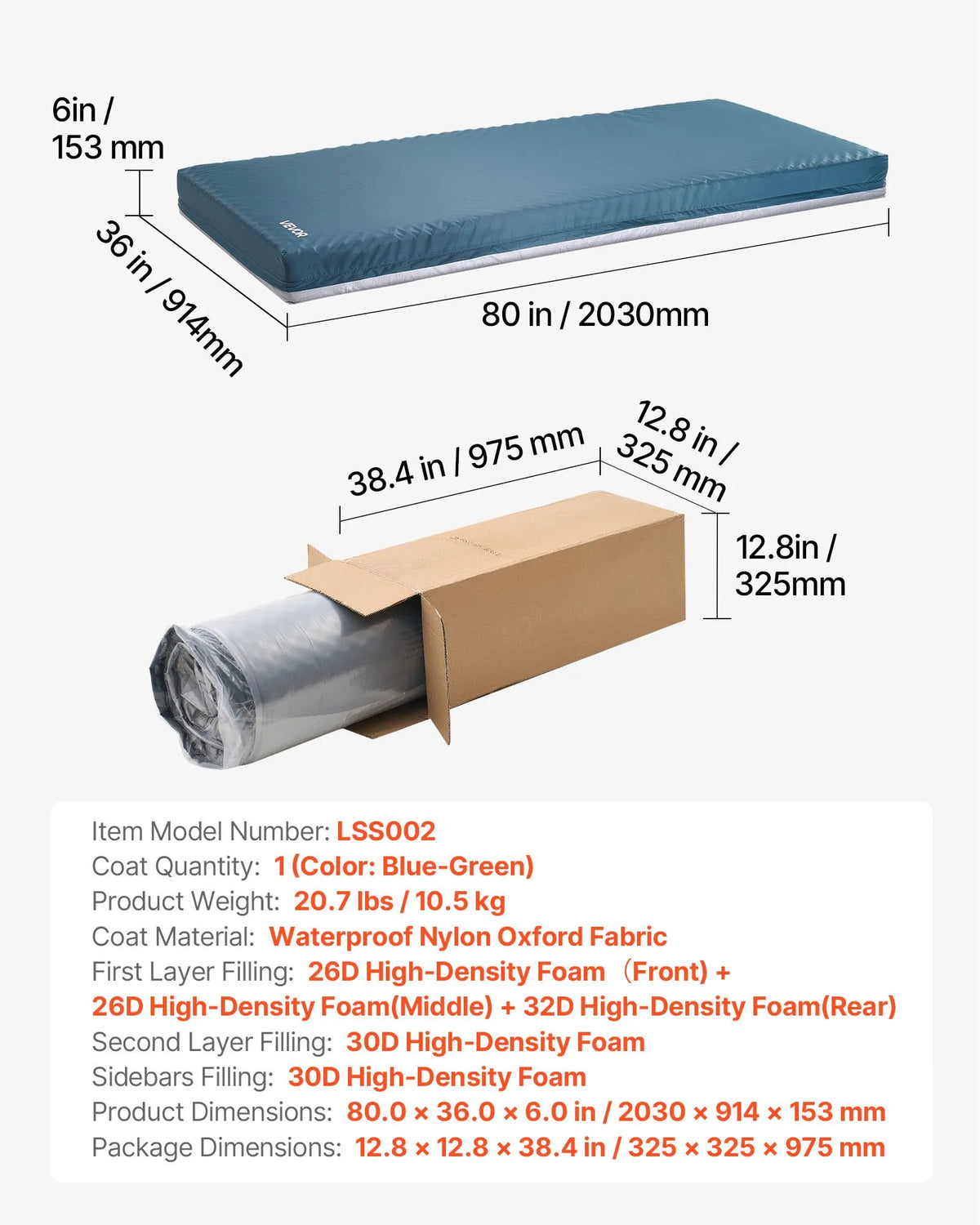 VEVOR slimnīcas gultas matracis 914 × 2030 × 153 mm, medicīniskas klases divslāņu putu matracis ar spiediena sadales funkciju ilgstošai aprūpei, ūdensizturīgs izgulējumu profilaksei, slodze līdz 159 kg, piemērots aprūpes iestādēm un mājas aprūpei - ZEMLETES.LV