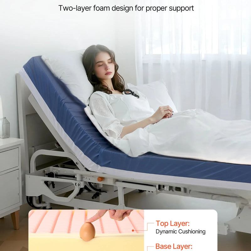 VEVOR slimnīcas gultas matracis 914 × 2030 × 153 mm, medicīniskas klases divslāņu putu matracis ar spiediena sadales funkciju ilgstošai aprūpei, ūdensizturīgs izgulējumu profilaksei, slodze līdz 227 kg, piemērots aprūpes iestādēm un mājas aprūpei - ZEMLETES.LV