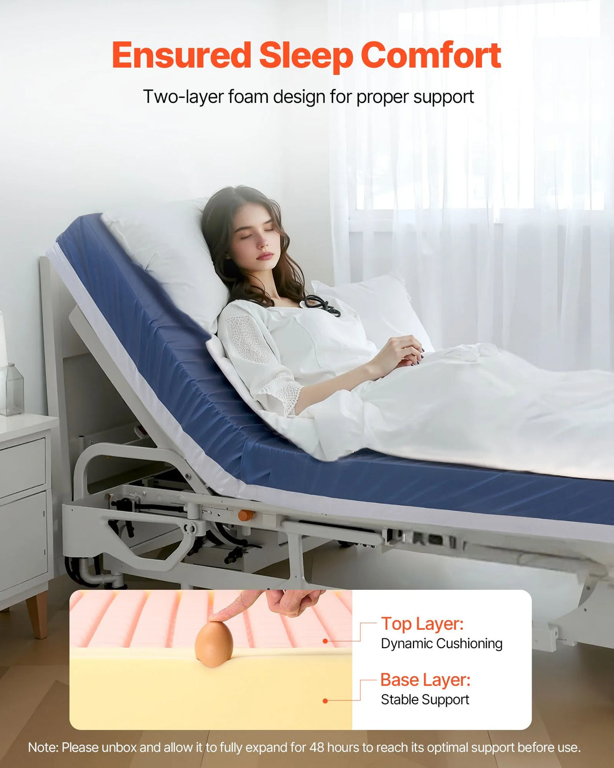 VEVOR slimnīcas gultas matracis 914 × 2030 × 153 mm, medicīniskas klases divslāņu putu matracis ar spiediena sadales funkciju ilgstošai aprūpei, ūdensizturīgs izgulējumu profilaksei, slodze līdz 227 kg, piemērots aprūpes iestādēm un mājas aprūpei - ZEMLETES.LV
