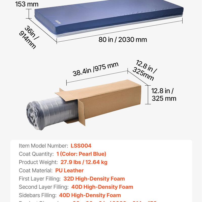VEVOR slimnīcas gultas matracis 914 × 2030 × 153 mm, medicīniskas klases divslāņu putu matracis ar spiediena sadales funkciju ilgstošai aprūpei, ūdensizturīgs izgulējumu profilaksei, slodze līdz 227 kg, piemērots aprūpes iestādēm un mājas aprūpei - ZEMLETES.LV
