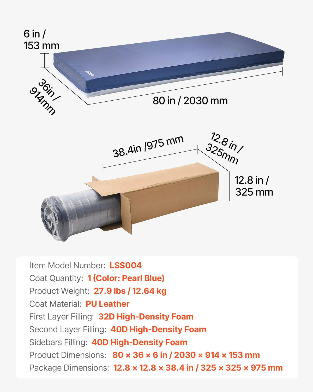 VEVOR slimnīcas gultas matracis 914 × 2030 × 153 mm, medicīniskas klases divslāņu putu matracis ar spiediena sadales funkciju ilgstošai aprūpei, ūdensizturīgs izgulējumu profilaksei, slodze līdz 227 kg, piemērots aprūpes iestādēm un mājas aprūpei - ZEMLETES.LV