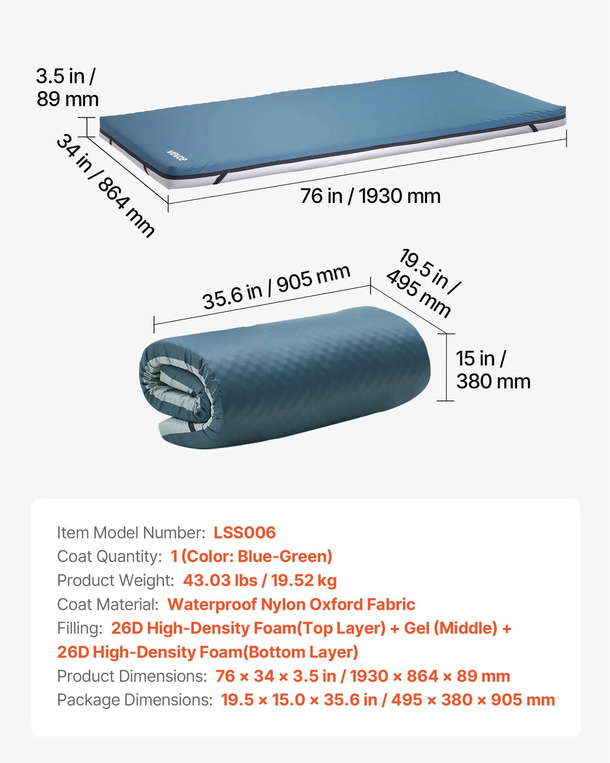 VEVOR medicīniskais slimnīcas gultas matracis 864 x 1930 x 89 mm ar 136 kg kravnesību no medicīniskās kvalitātes divslāņu putām, spiediena sadales matracis ar ūdensizturīgu pārklājumu izgulējumu profilaksei un aprūpei - ZEMLETES.LV