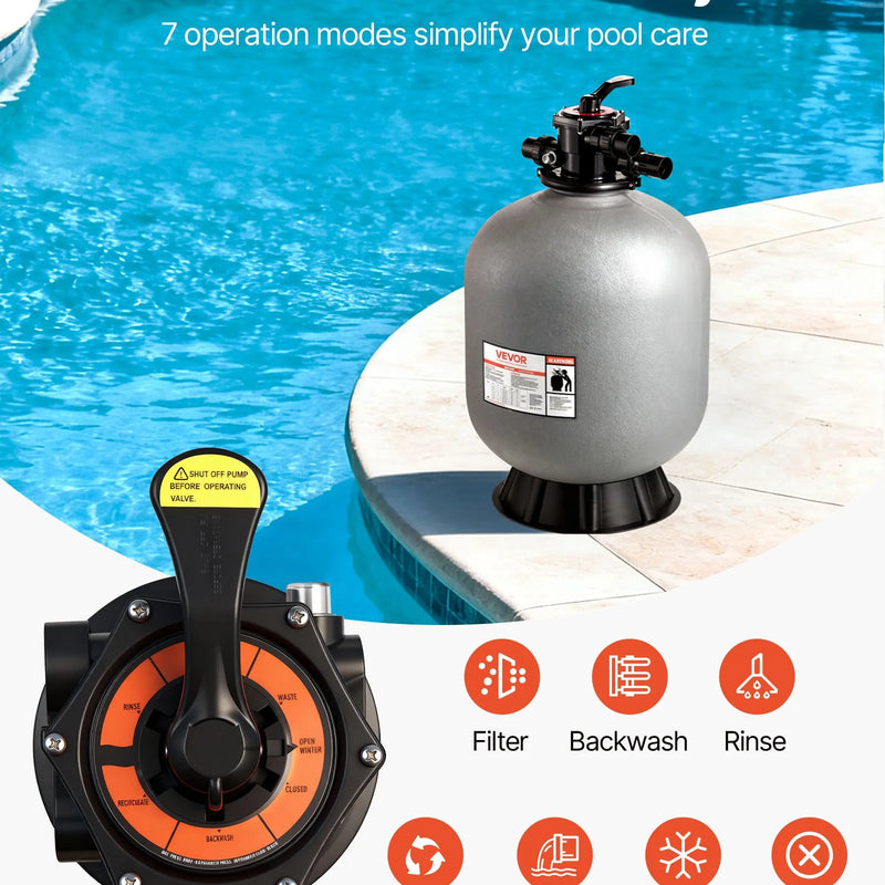 VEVOR baseina smilšu filtrācijas sistēma 609,6 mm, plūsma līdz 14,8 m³/h, virszemes un zemē ieraktiem baseiniem, 7-pozīciju daudzportu vārsts (filtrēšana, pretmazgāšana, skalošana, recirkulācija, novade, ziemas režīms, slēgts)