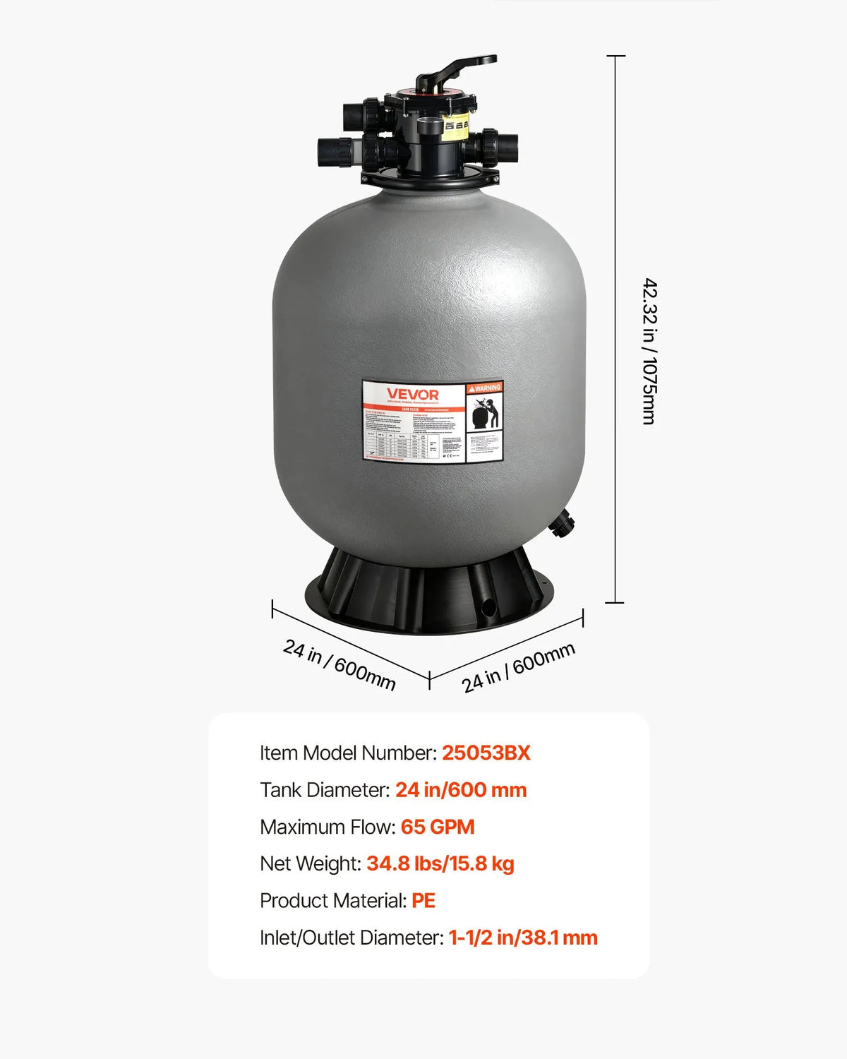 VEVOR Pool Sand Filter System 609.6 mm, Flow Rate Up to 14.8 m³/h, Above Ground and In-Ground Pools, 7-Position Multiport Valve (Filter, Backwash, Rinse, Recirculate, Drain, Winter Mode, Closed)