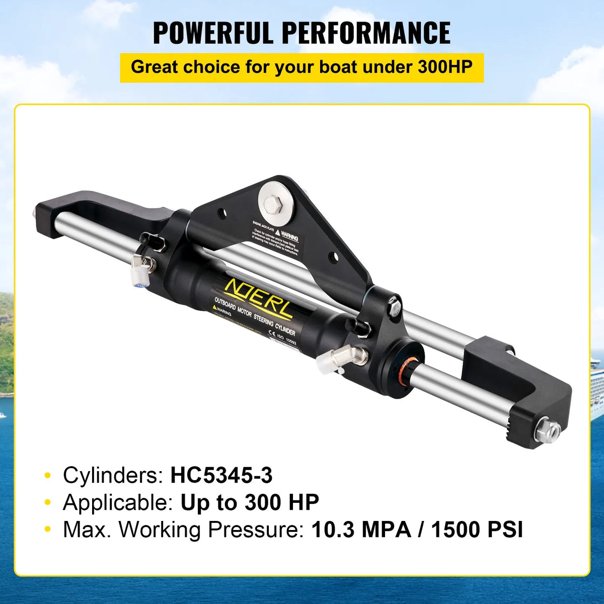 Hydraulic Steering Cylinder 300 HP, Front Mount Hydraulic Outboard Steering System without Hydraulic Hose and Steering Pump