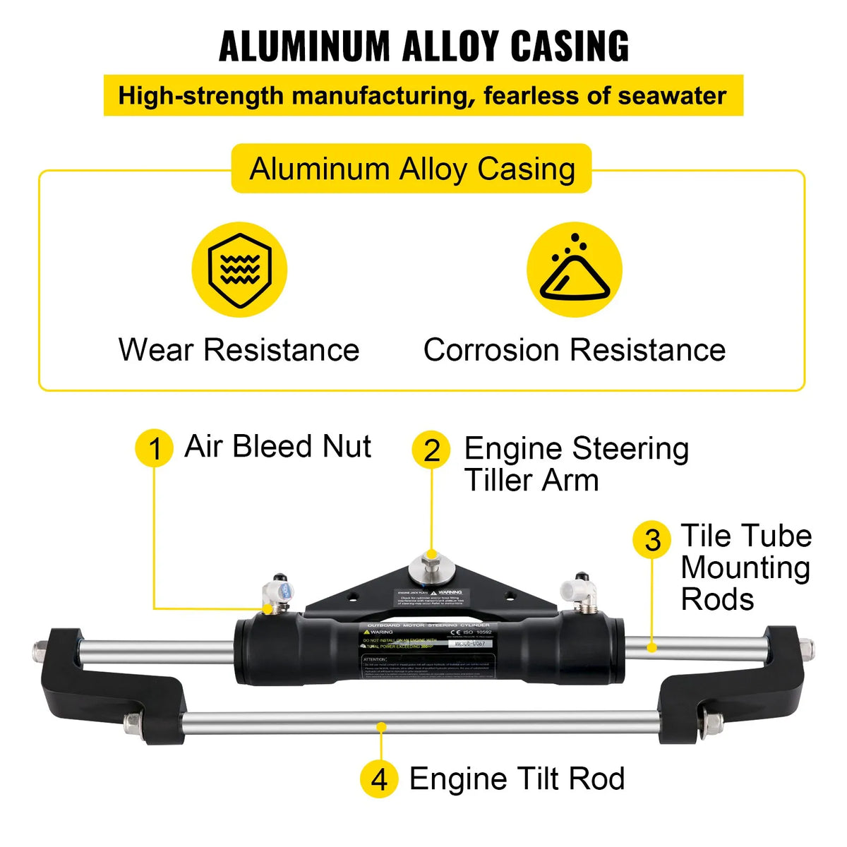 Hydraulic Steering Cylinder 300 HP, Front Mount Hydraulic Outboard Steering System without Hydraulic Hose and Steering Pump
